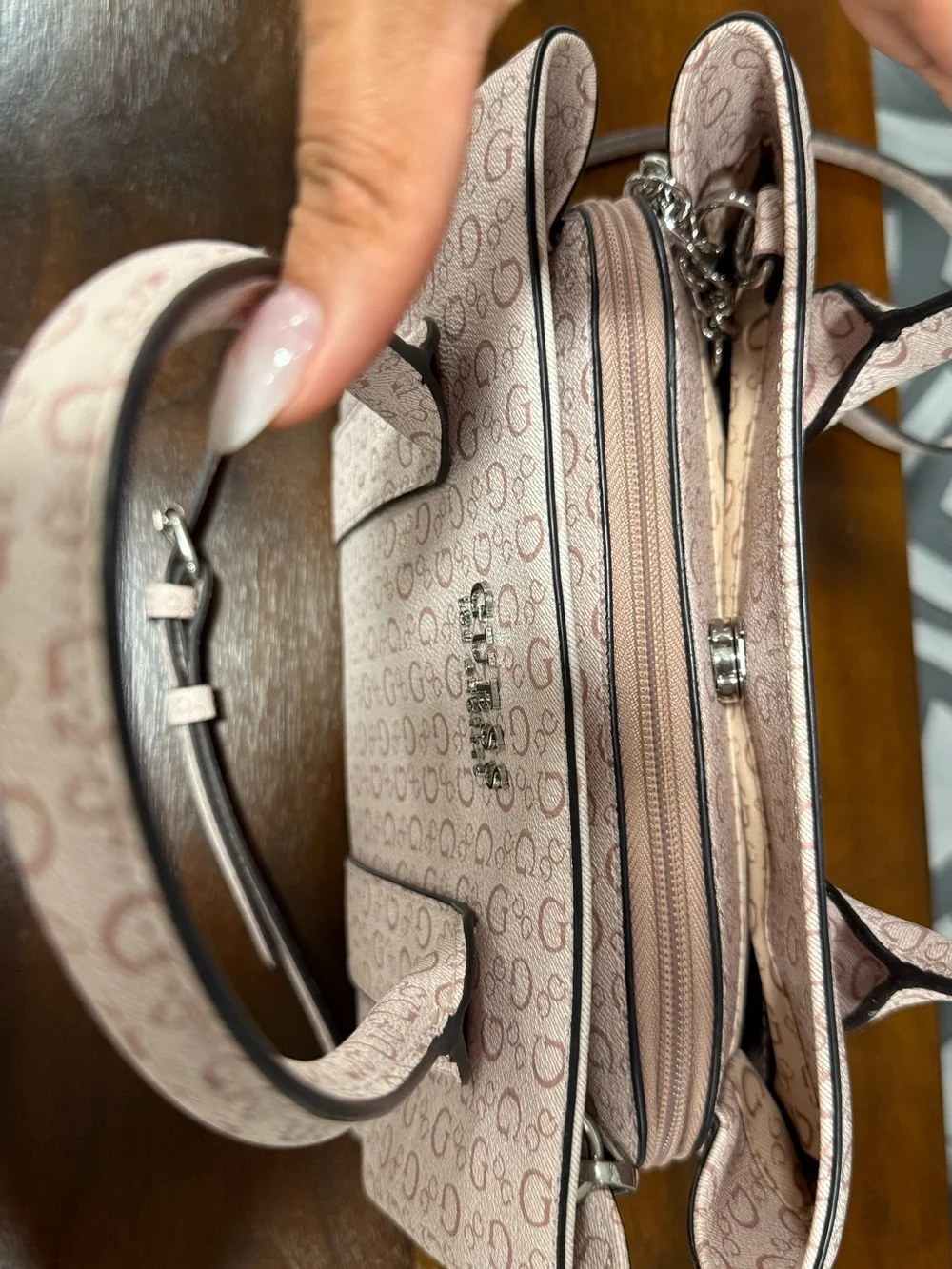 GUESS Light Pink Logo Print Satchel with Removable Strap